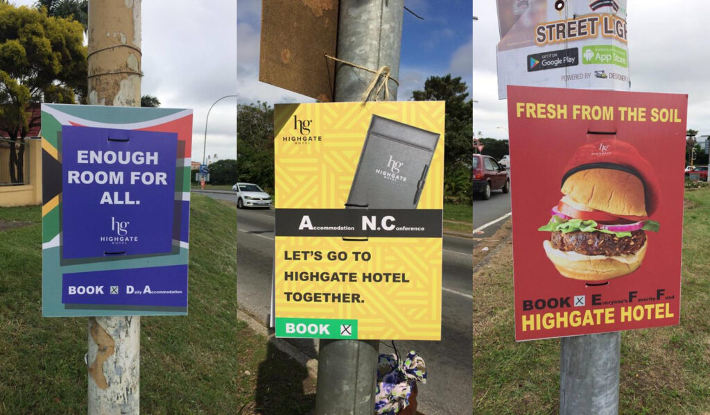 Hotel political posters on street poles