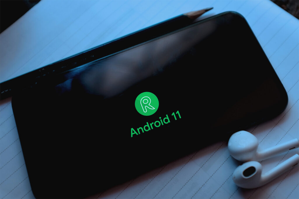 Smartphone showing Android 11 logo