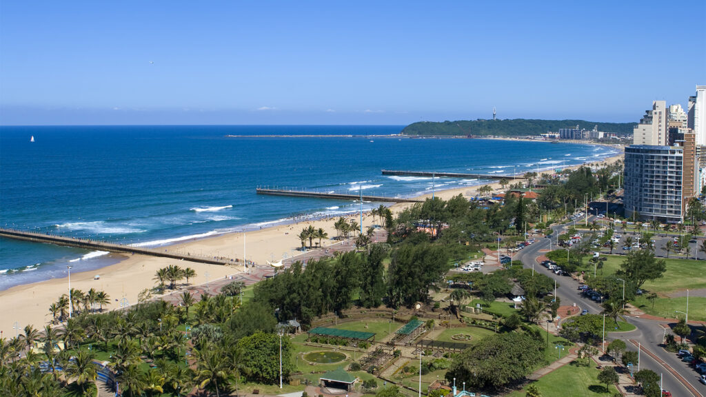 Skyview of Durban beachfront, promenade, buildings and harbor