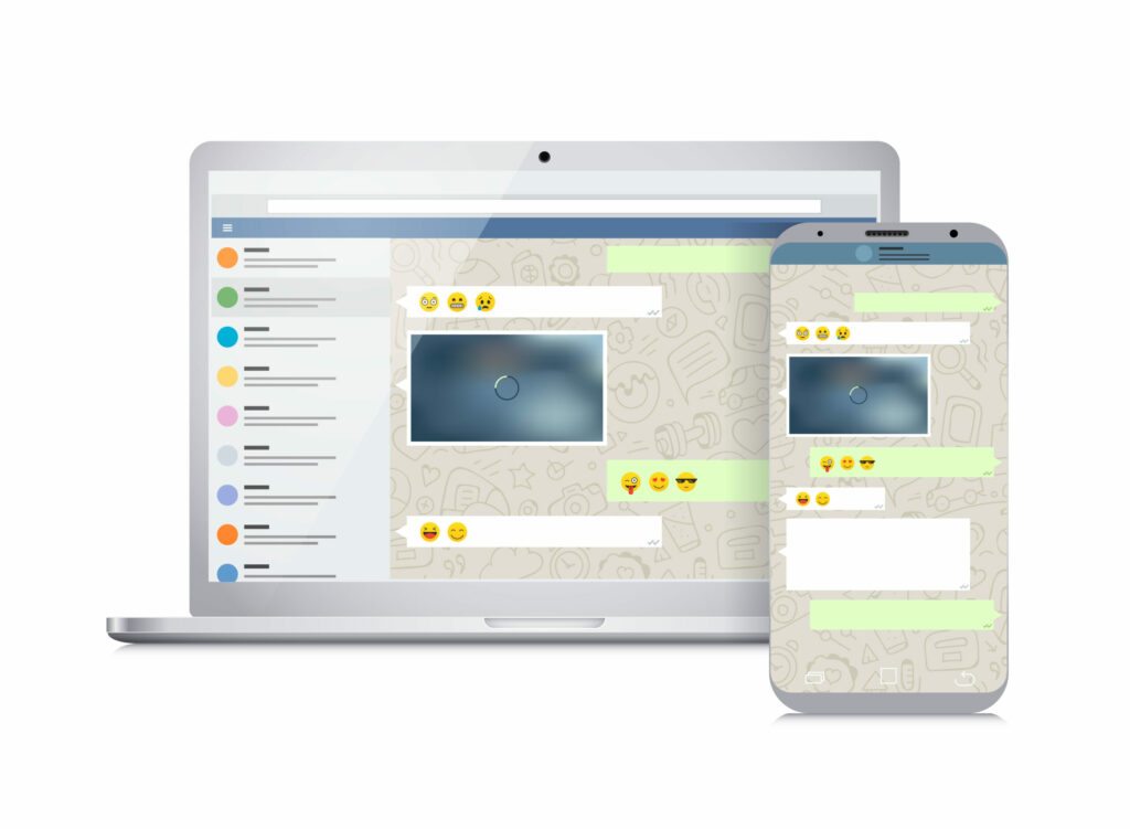 Animated laptop and smartphone with WhatsApp on screen