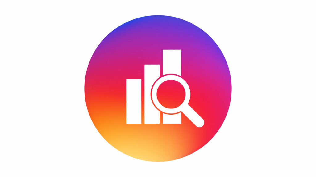Data analytics icon with magnifying glass and Instagram analytics colours