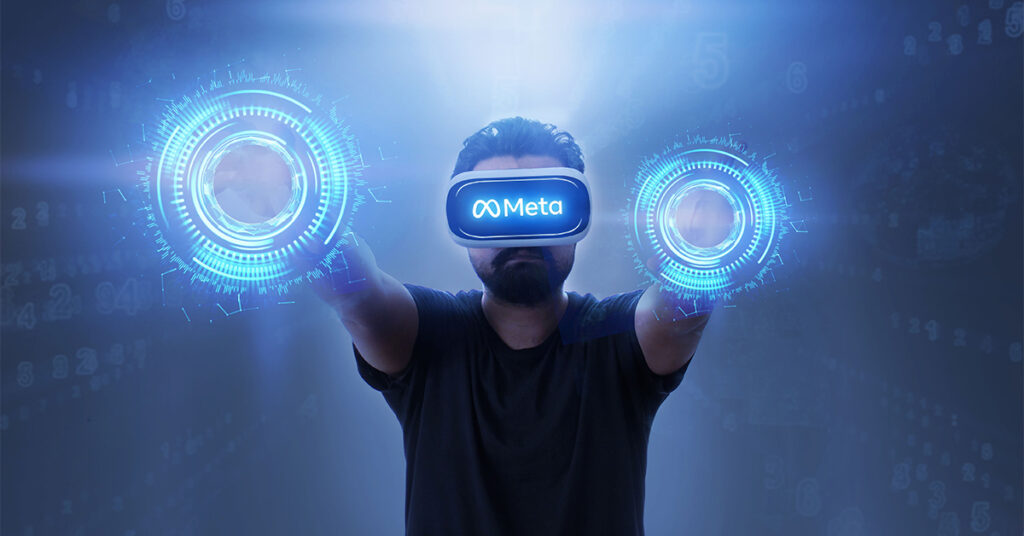 Person wearing VR googles with Meta logo on front
