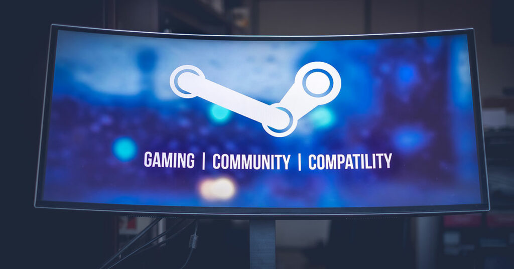 curved monitor with Steam logo on screen